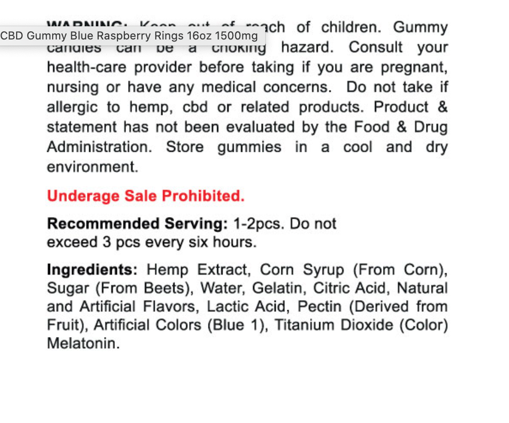CBD GUMMY TRADITIONAL BLUE RASPBERRY RINGS 16OZ 1500MG