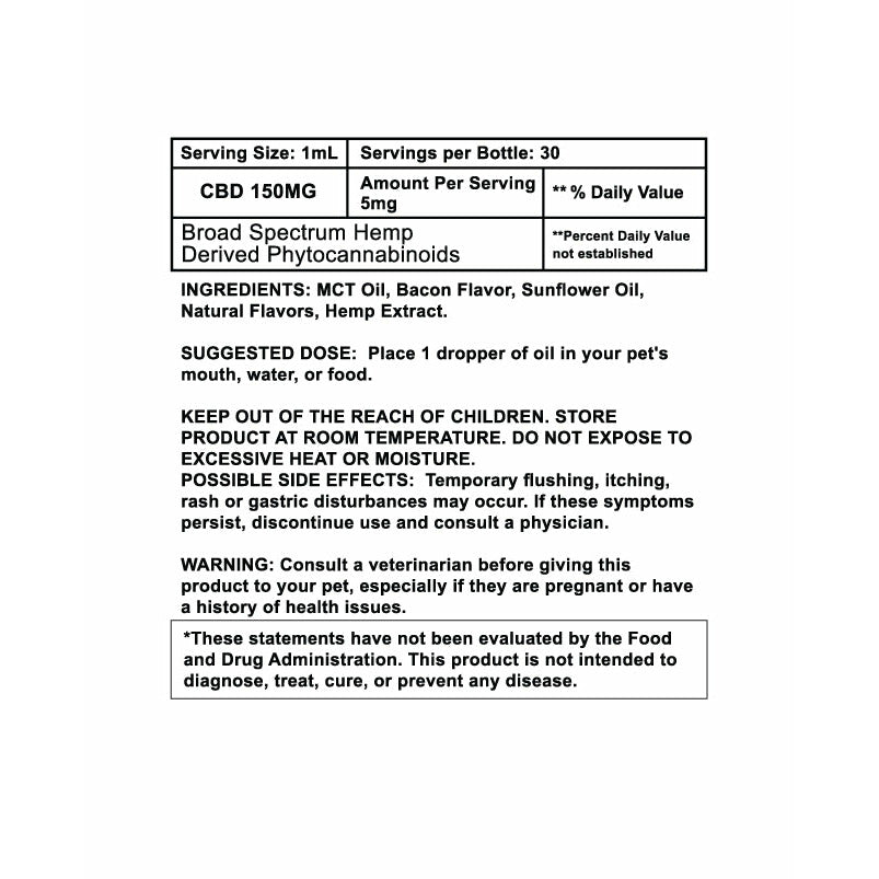 CBD BROAD SPECTRUM MCT OIL T-FREE PET TINCTURE FOR DOGS BACON 30ML